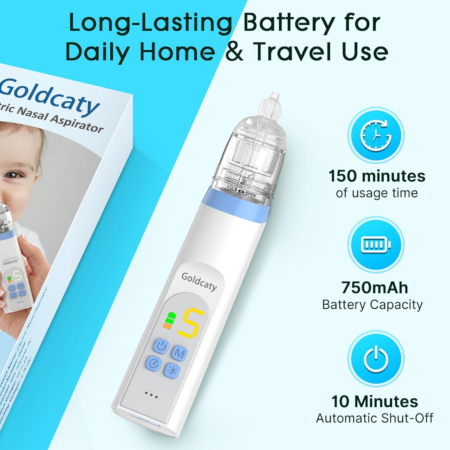 Electric Nasal Aspirator, Nose Suction for Baby, Baby Nose Sucker, Rechargeable Nose Aspirator for Babies with 3 Silicone Tips, Adjustable 5 Suction Level, Music and Light Soothing Function, Blue