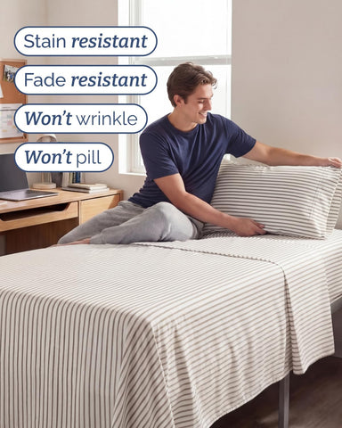 Twin XL 3 Piece Sheet Set - College Dorm Room Essentials - Beige Stripes