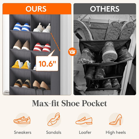 Lifewit 6 Tier Over the Door Shoe Organizer with 11 Large Deep Pockets, Fabric Hanging Shoes Shelf for Closet, Dorm Storage, Fit Up to 12 Pair Shoe Rack Holder for Sneakers, Boots, Gray