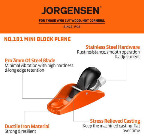 JORGENSEN No.101 Mini Wood Planer - Mini Hand Planer for Woodworking