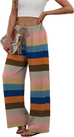 Sampeel Wide Leg Pants for Women Flowy Palazzo Drawstring Elastic Waist Trousers with Pockets Summer Beach Vacation Clothes