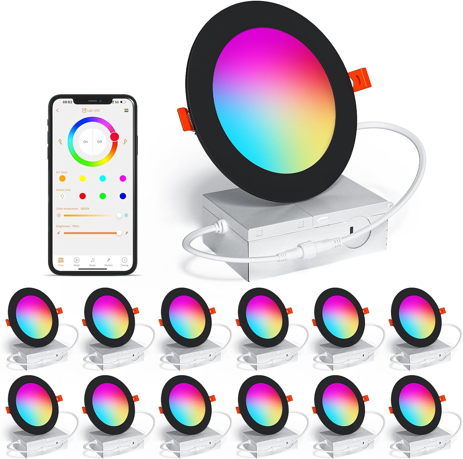 SikSog Black Smart Recessed Lighting 4 Inch RGBCW 12W LED Downlight 12Pack