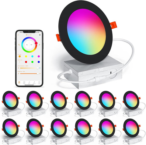 SikSog Black Smart Recessed Lighting 4 Inch RGBCW 12W LED Downlight 12Pack