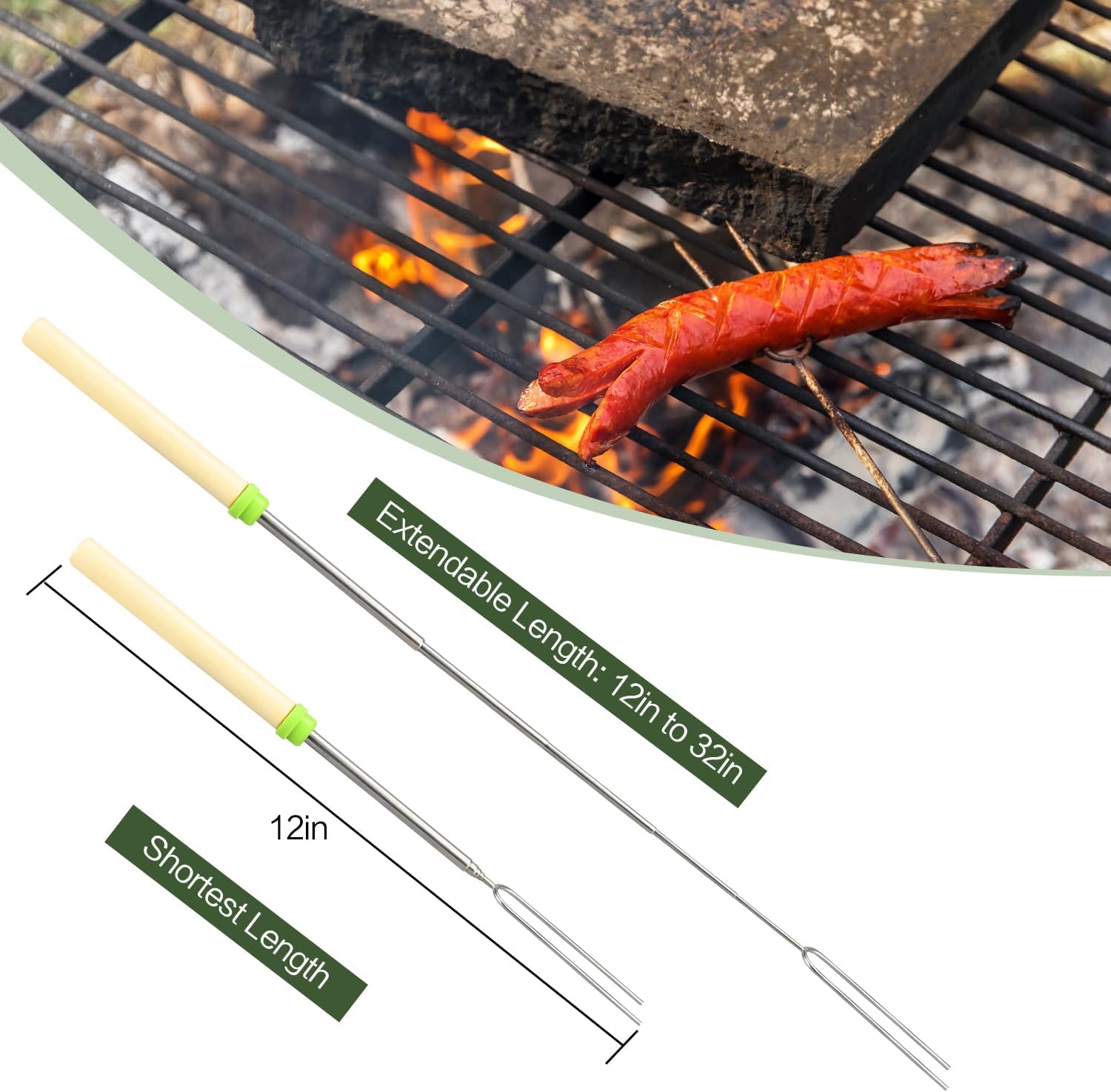 5 Pack Marshmallow Roasting Sticks Set, Extendable 32in Long Metal Barbecue Skewers with Wooden Handle, for Marshmallow, Hot Dogs, Camping, BBQ, Grill
