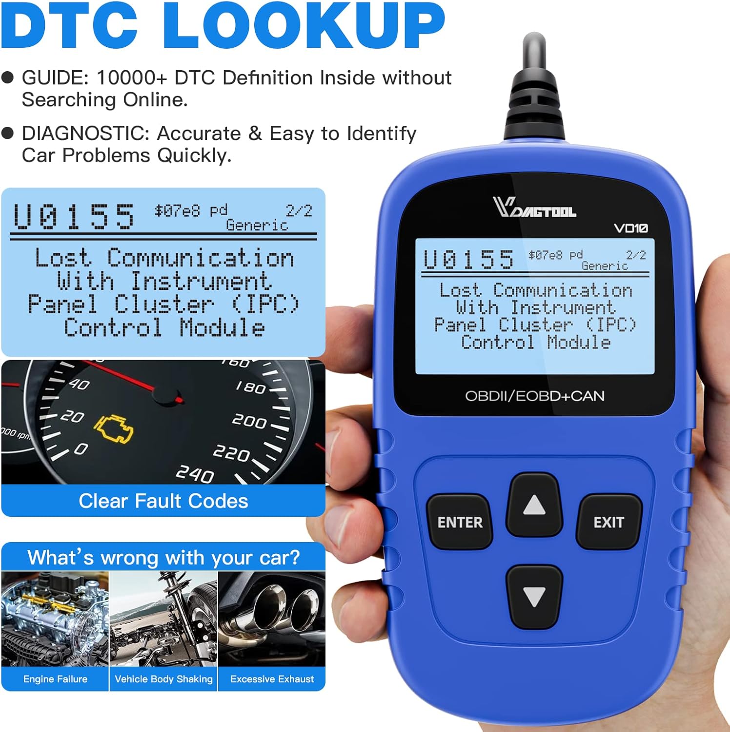 VDIAGTOOL VD10 OBD2 Scanner Code Reader Car Diagnostic Tool Engine Fault Code Reader for Turn Off CEL with Freeze Frame/I/M Readiness for All OBDII Protocol Cars, OBD2 Scanner Diagnostic Tool