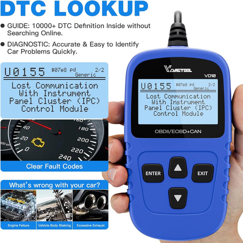 VDIAGTOOL VD10 OBD2 Scanner Code Reader Car Diagnostic Tool Engine Fault Code Reader for Turn Off CEL with Freeze Frame/I/M Readiness for All OBDII Protocol Cars, OBD2 Scanner Diagnostic Tool
