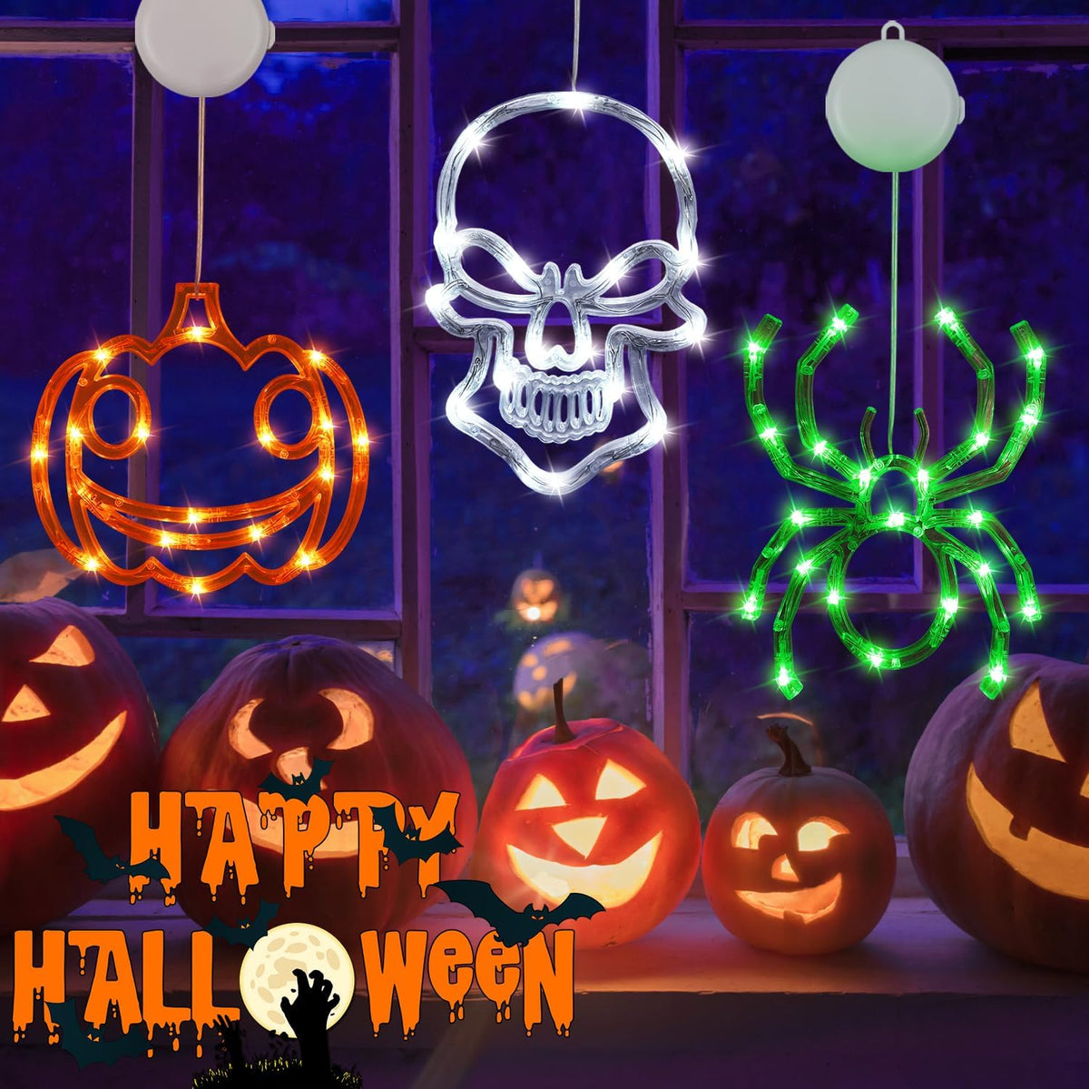 3 Pack Halloween Window Lights, Pumpkin, Skeleton, Spider Lights Decor