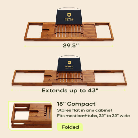 ROYAL CRAFT WOOD Premium Foldable Bathtub Tray Caddy - Wood Bath Tray for Tub, Bamboo Shelf, Expandable Bath Table Trays, Bathtub & Bathroom Accessories for New Home & Mothers, Birthday Gifts for Mom