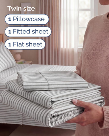 Twin Size 3 Piece Sheet Set - Breathable & Cooling Sheets - Grey Stripes