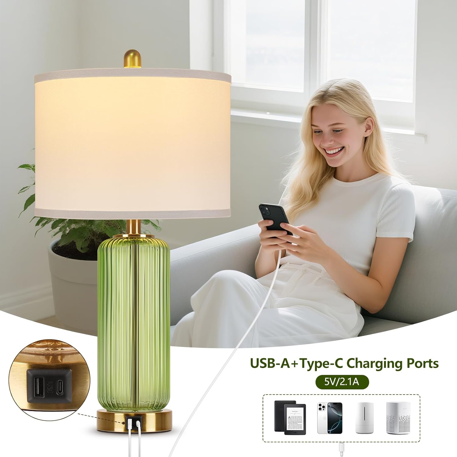WIHTU 27" Touch Table Lamps, Modern Glass Beside Lamp with USB Ports, Green