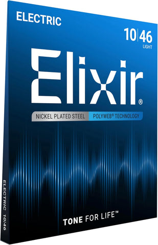 Elixir Strings, Electric Guitar Strings, Nickel Plated Steel with POLYWEB Technology, Longest-Lasting Warm Tone with Comfortable Feel, 6 String Set, Light 10-46