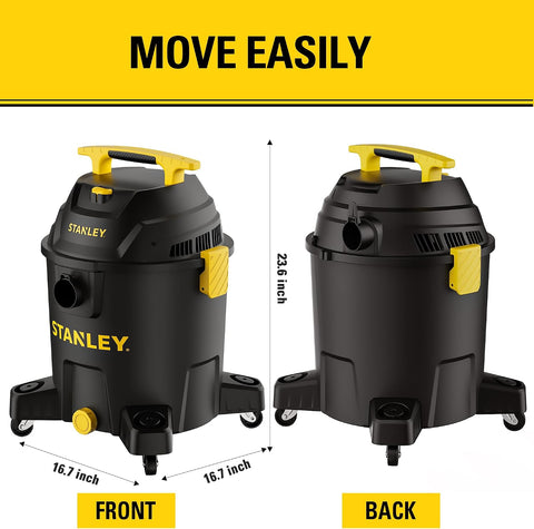 STANLEY 10 Gallon Wet Dry Vacuum, 6 Peak HP Poly Built-in Drain Shop Vac Blower with Powerful Suction, Multifunctional Shop Vacuum W/ 6 Horsepower Motor for Job Site, Garage, Basement, Van, Workshop