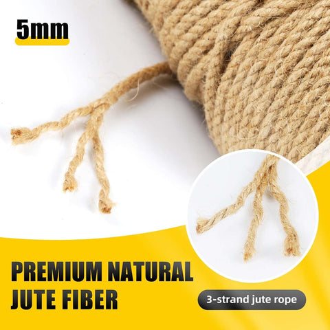 Natural Jute Twine, 5MM x 328FT Jute Rope Roll, Heavy Duty Thick Twine for Cat Scratching Post, Bundling, Gardening and DIY Crafts