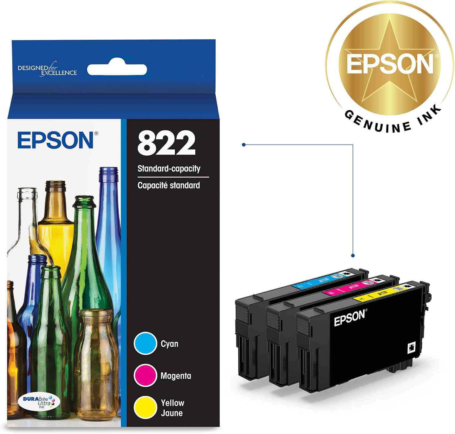 Epson 822 Genuine Ink Standard Capacity Color Cartridge 4-Pack T822520 | Works with WorkForce Pro WF-3820 WF-3823 WF-4820 WF-4830 WF-4833 WF-4834 Printers