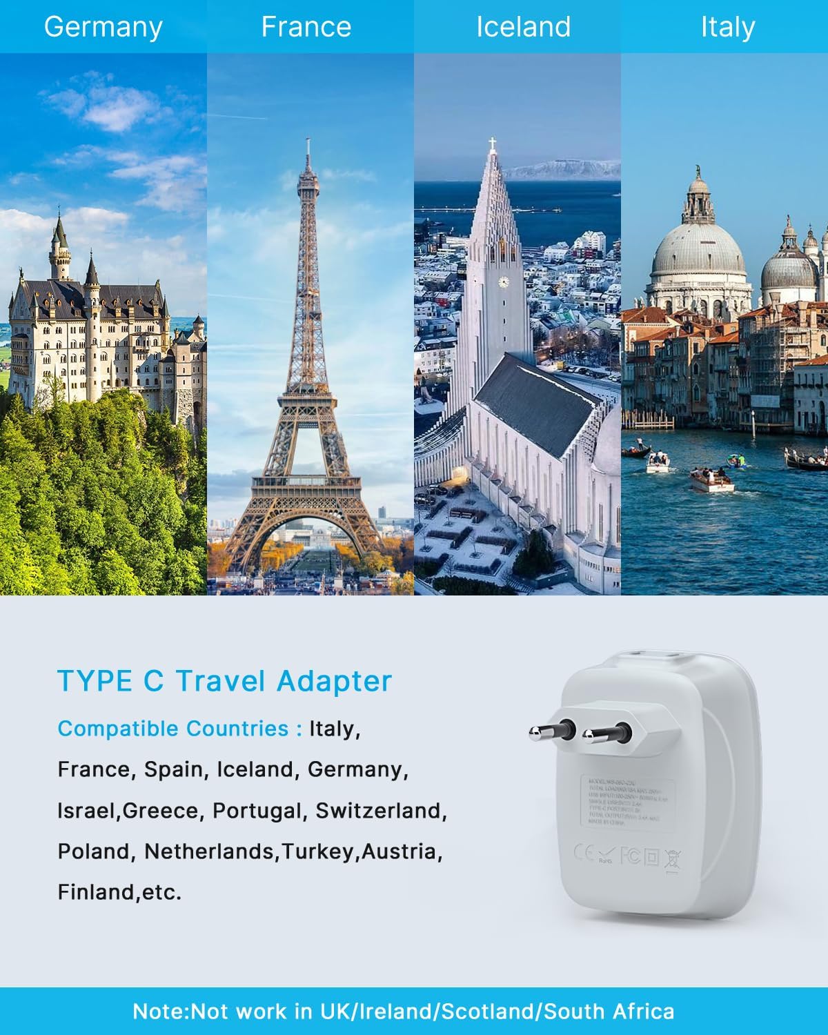 VINTAR 2 Pack European Travel Plug Adapter, Type C Adapter with USB C