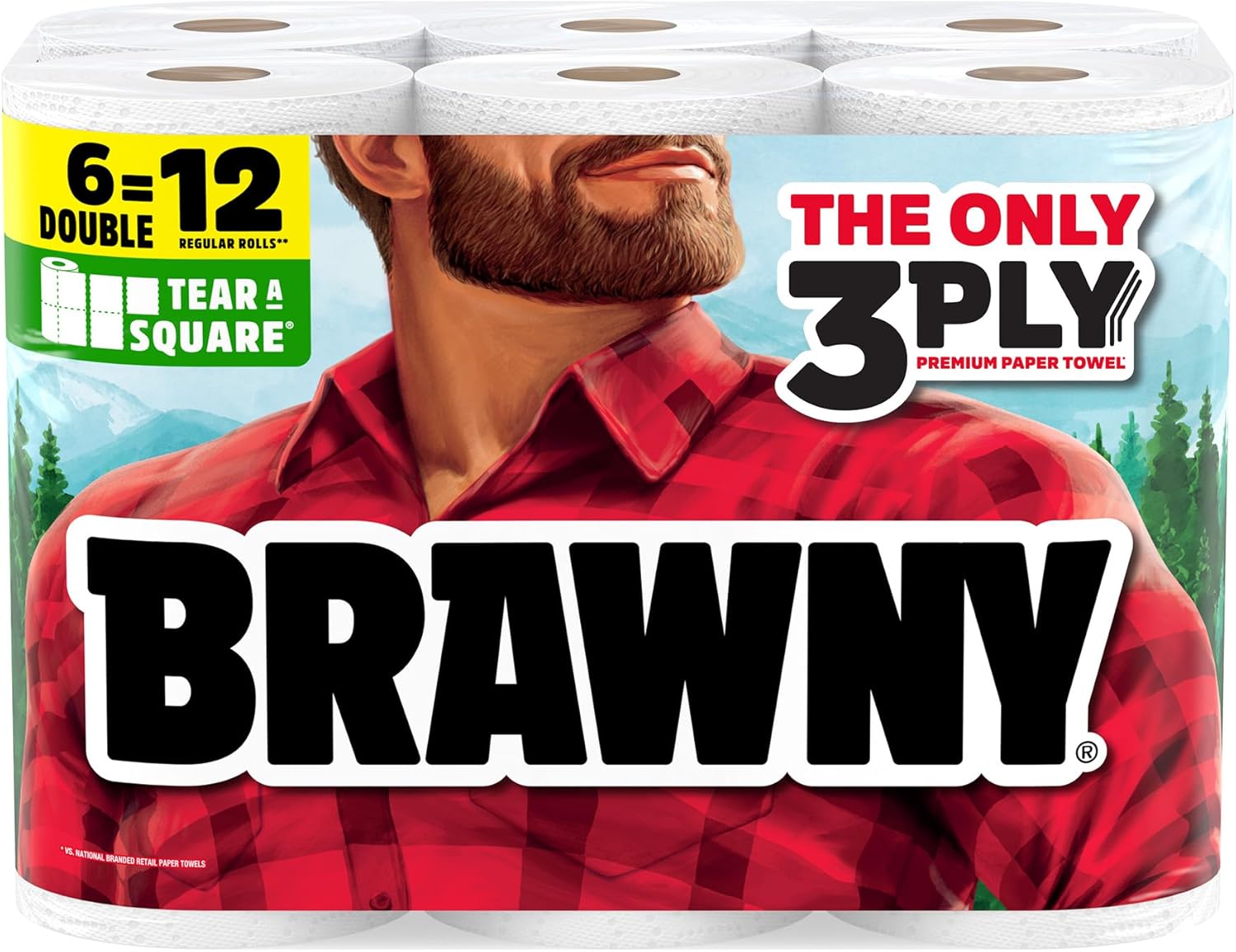 Brawny Tear-A-Square 3-Ply Paper Towels, 6 Double Rolls = 12 Regular Rolls