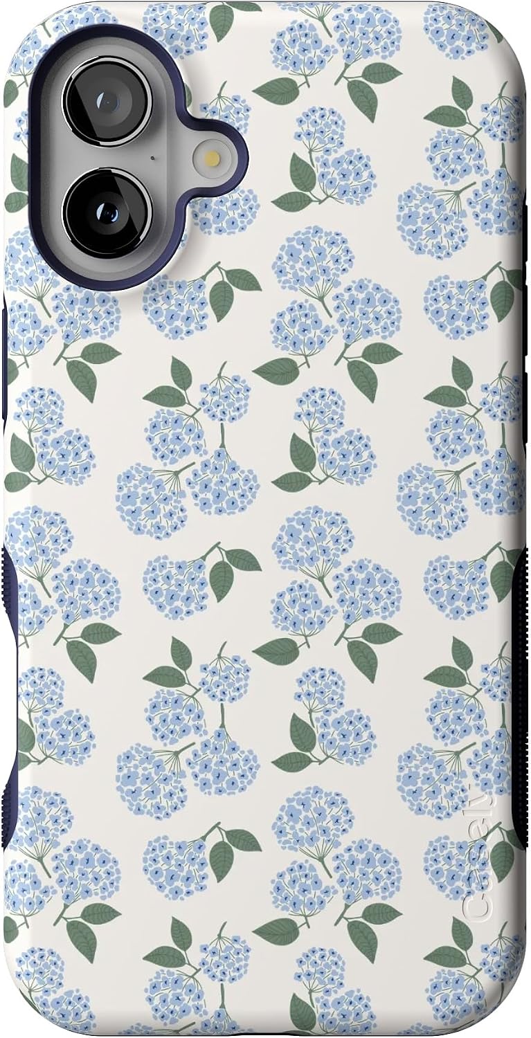 Casely iPhone 16 Plus Case | Nantucket Cottage | Blue Hydrangea | Bold Protective Design | Compatible with MagSafe