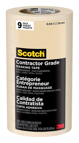 Scotch Contractor Grade Masking Tape, 0.94 inches by 60.1 Yards (540 Yards Total), 2020, 9 Rolls