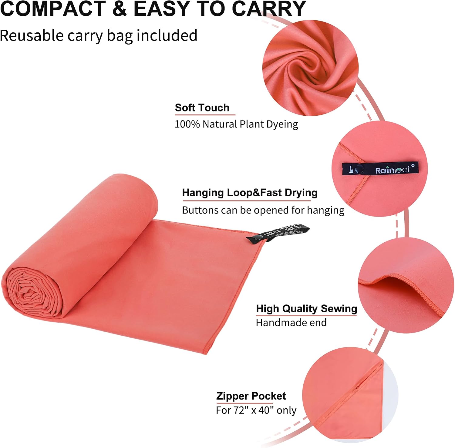 Rainleaf Microfiber Towel Quick Dry Camping & Travel & Gym Towel. Compact