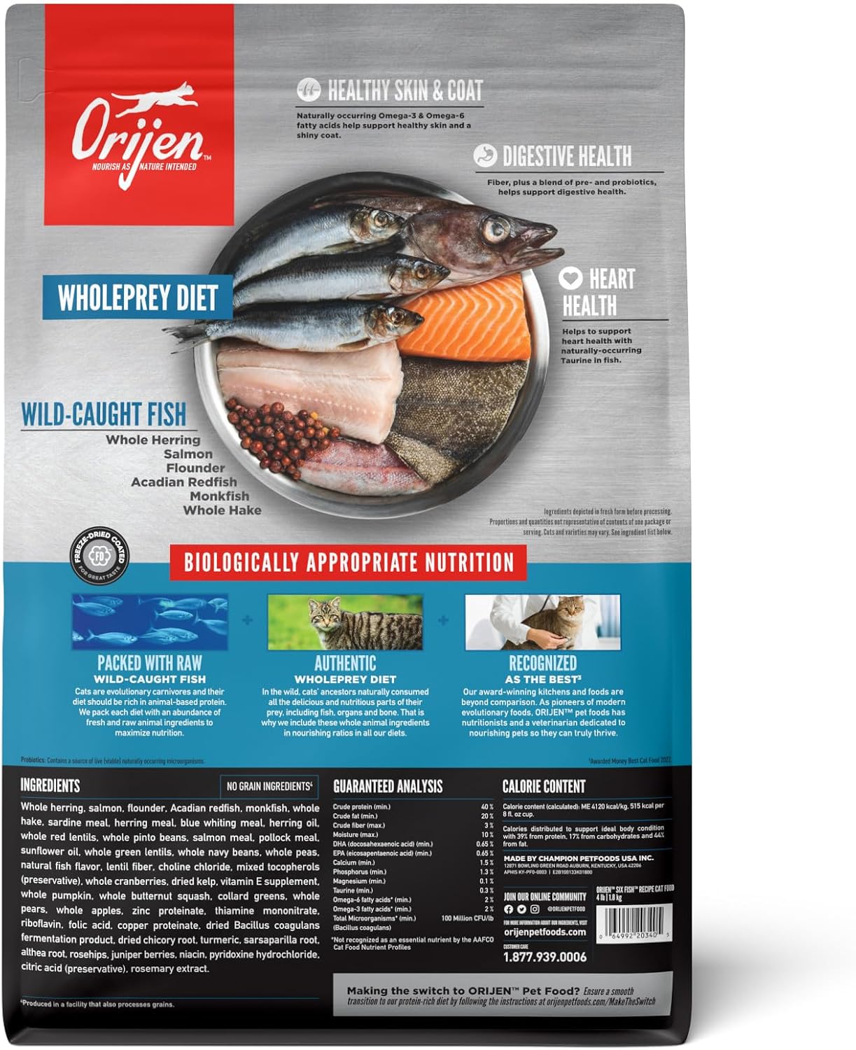 ORIJEN Grain Free WHOLEPREY Dry Cat Food Six Fish Recipe 4lb Bag