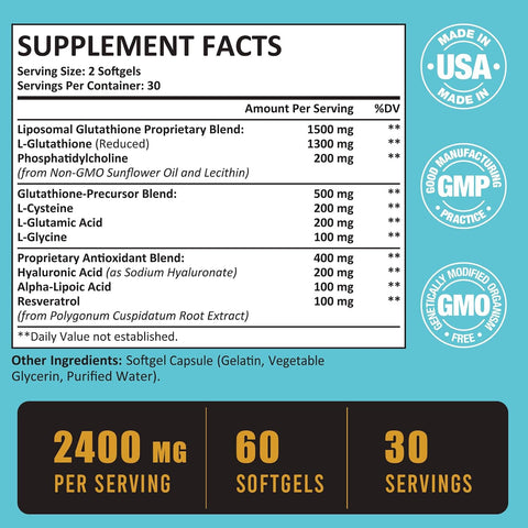 2400 MG Liposomal Glutathione Softgels, Max Absorption, Active Form L-Glutathione Reduced (GSH), with Hyaluronic Acid, Resveratrol, Master Antioxidants for Detox, Brain, Immune System, 360 Softgels