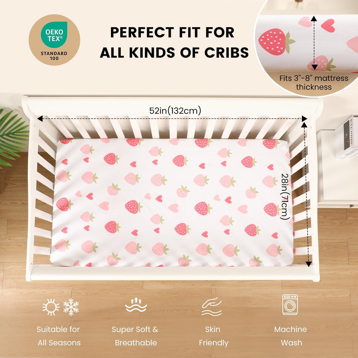 Baby Crib Sheets Girl, Toddler Bed Sheets Fitted for 52x28 Inch Standard Crib Mattress for Baby Girls, Set of 2 Super Soft Breathable Microfiber (Strawberry+Pink, 52x28 Inch (Pack of 2))