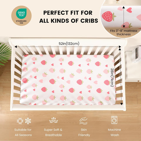 Baby Crib Sheets Girl, Toddler Bed Sheets Fitted for 52x28 Inch Standard Crib Mattress for Baby Girls, Set of 2 Super Soft Breathable Microfiber (Strawberry+Pink, 52x28 Inch (Pack of 2))