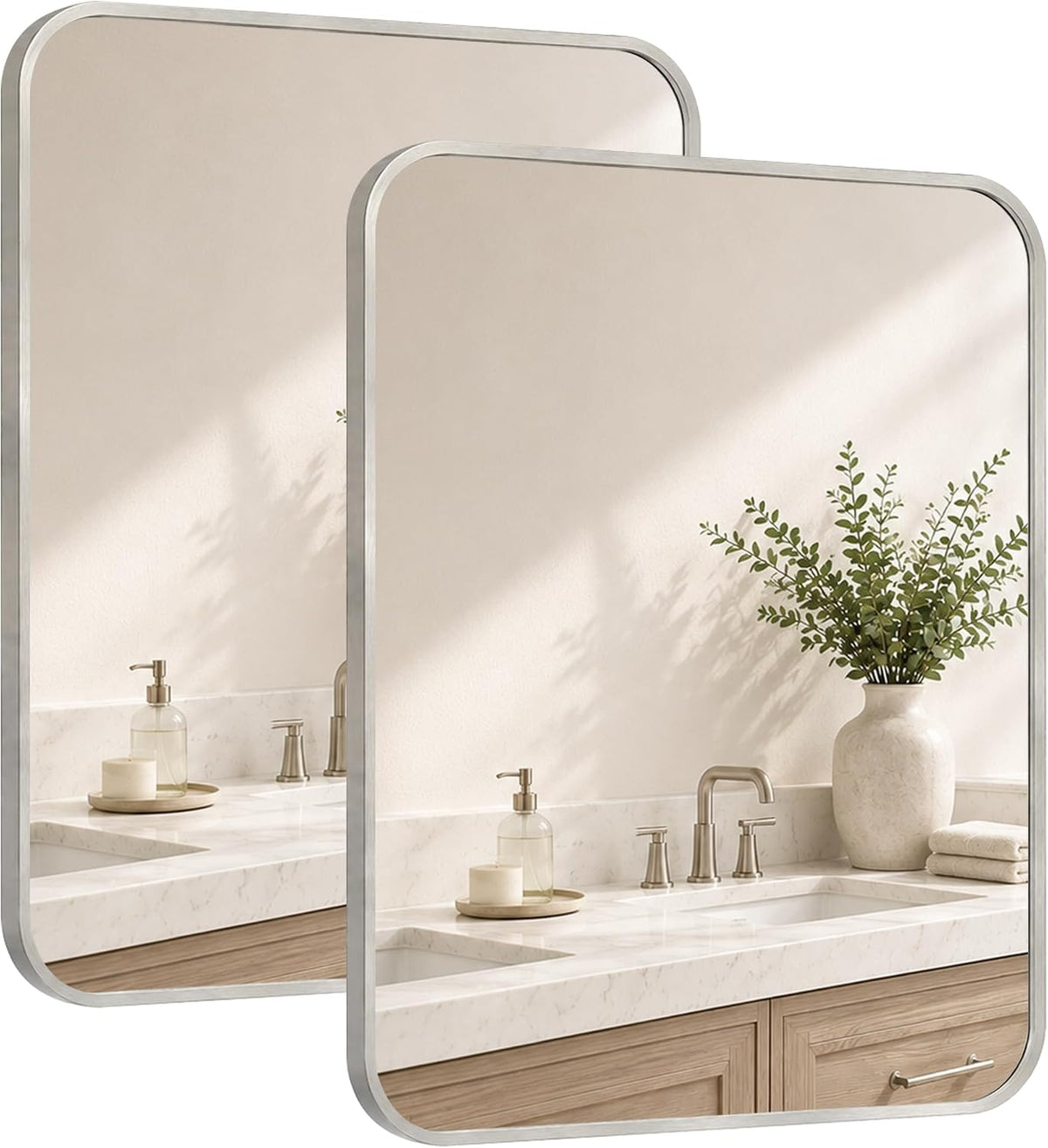 2-Pack 24x30 Inch Brushed Nickel Rounded Rectangle Vanity Mirrors
