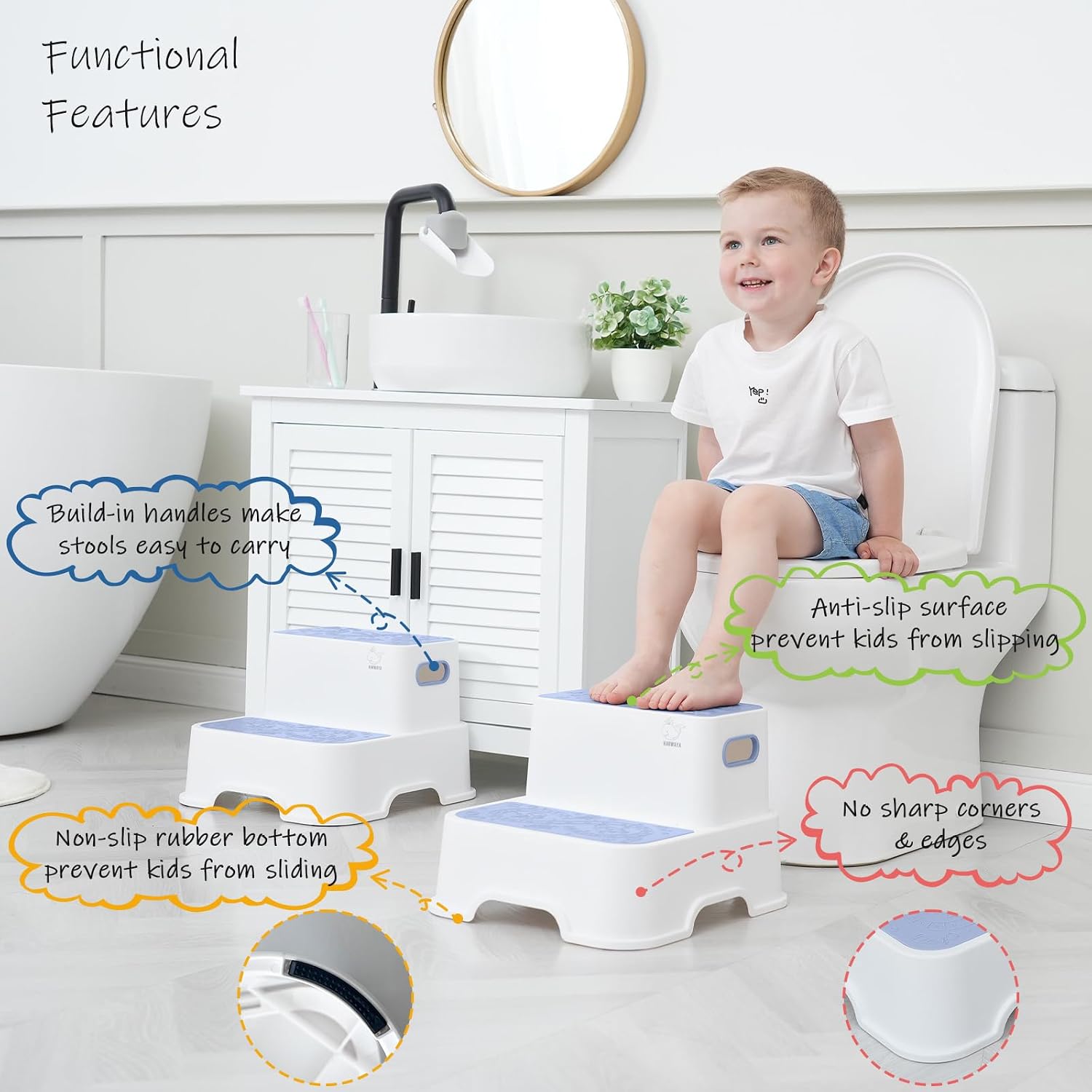 Harwaya Blue Toddler Step Stool for Bathroom Sink 2 Pack, Kids Step Stools for Boys Toilet Potty Training, Plastic Stepping Stool for Toddlers Child Kid Kitchen Bedroom (Included Two Faucet Extender)