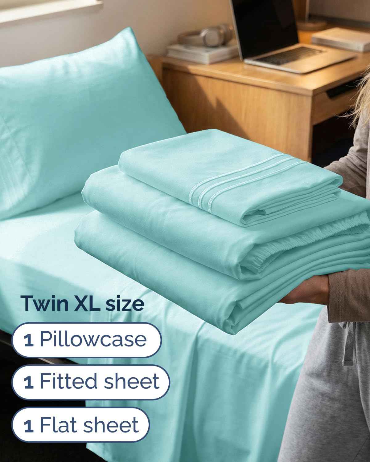 Twin XL 3 Piece Sheet Set - College Dorm Room Essentials - Spa Blue