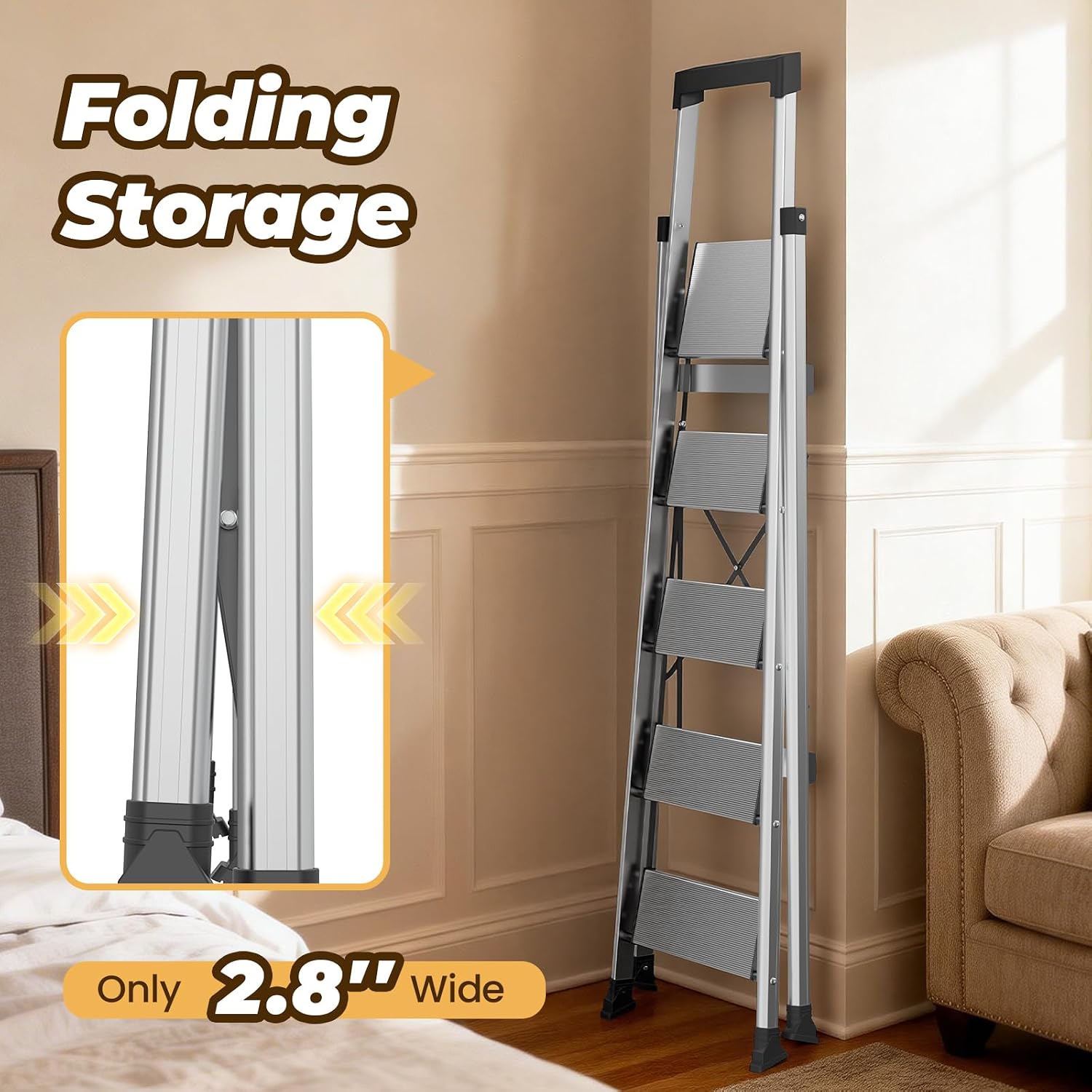 HBTower 5 Step Ladder, Lightweight Aluminum Folding Step Stool