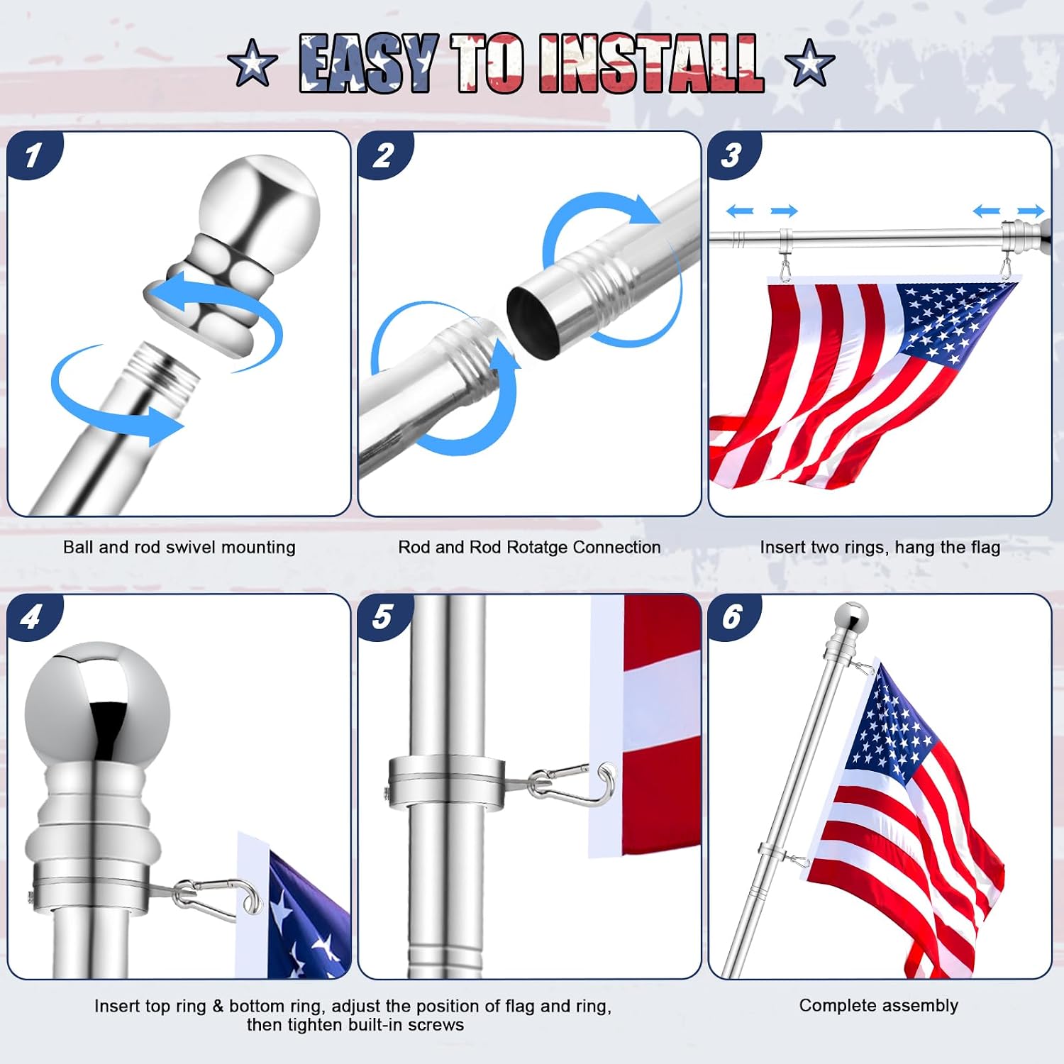 House Flag Pole, REERON 5 FT Metal Spinning Flagpole Kit, 1" Tangle Free Stainless Steel Flag Pole with 360° Flagpole Rings for Outside House Porch Residential Wall Mount for 3x5 Flag, Without Bracket