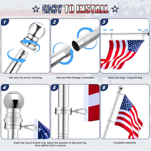 House Flag Pole, REERON 5 FT Metal Spinning Flagpole Kit, 1" Tangle Free Stainless Steel Flag Pole with 360° Flagpole Rings for Outside House Porch Residential Wall Mount for 3x5 Flag, Without Bracket