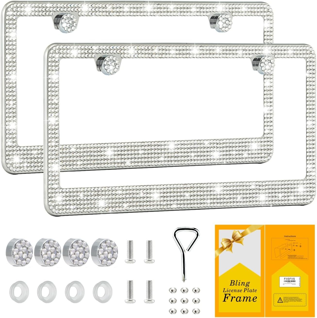 FIISFIIS Bling License Plate Frame for Women,2 Pack Premium Rhinestone Car License Plate Holder,Handmade Glitter Crystal Diamond Lincense Plate Cover for Girl,Bedazzled Sparkly Caps-4Hole Black
