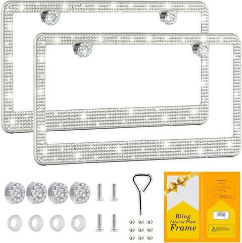 FIISFIIS Bling License Plate Frame for Women,2 Pack Premium Rhinestone Car License Plate Holder,Handmade Glitter Crystal Diamond Lincense Plate Cover for Girl,Bedazzled Sparkly Caps-4Hole Black
