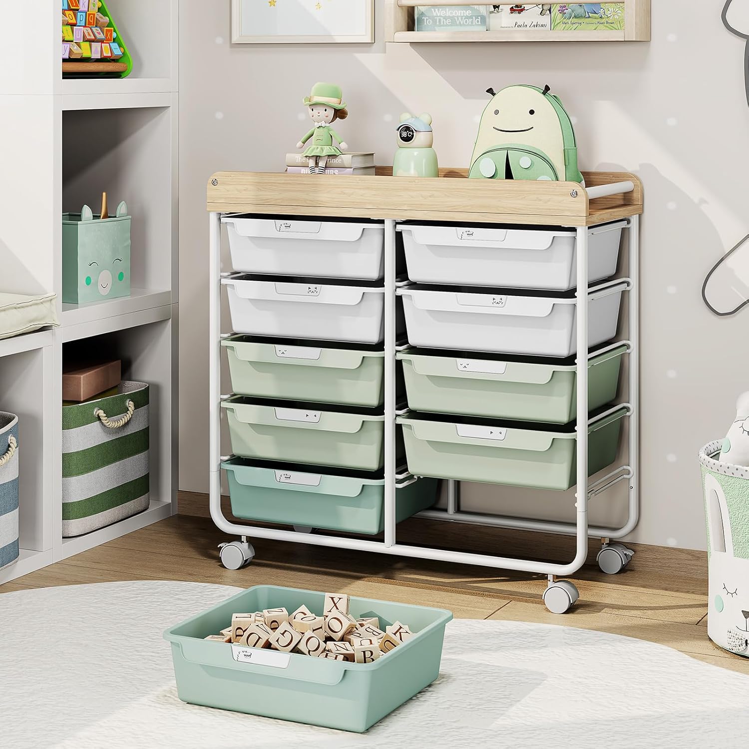 10 Drawer Rolling Storage Cart with Wood Top for Classroom Crafts Green
