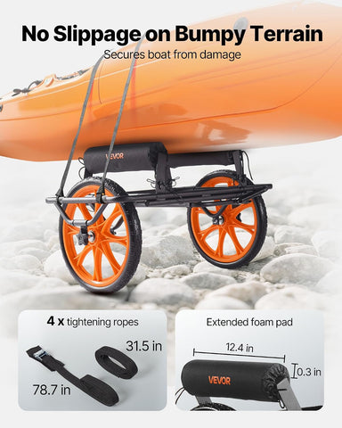 VEVOR 300lbs Kayak Cart, All-Terrain Super Duty Trolley Cart, Canoe Cart Dolly with 15-inch No-Flat Solid Rubber Tires and Kickstand, Quickly Assembles & Disassembles, for Kayaks, Canoes, Paddleboards