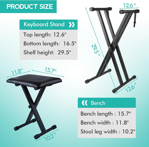 Keyboard Stand Piano Bench Set, Double X Adjustable Keyboard Stand Piano Stand with Lockable Straps, (Piano Keyboard Stand x 1, Piano Bench x 1), (7 Adjustable Heights), Black