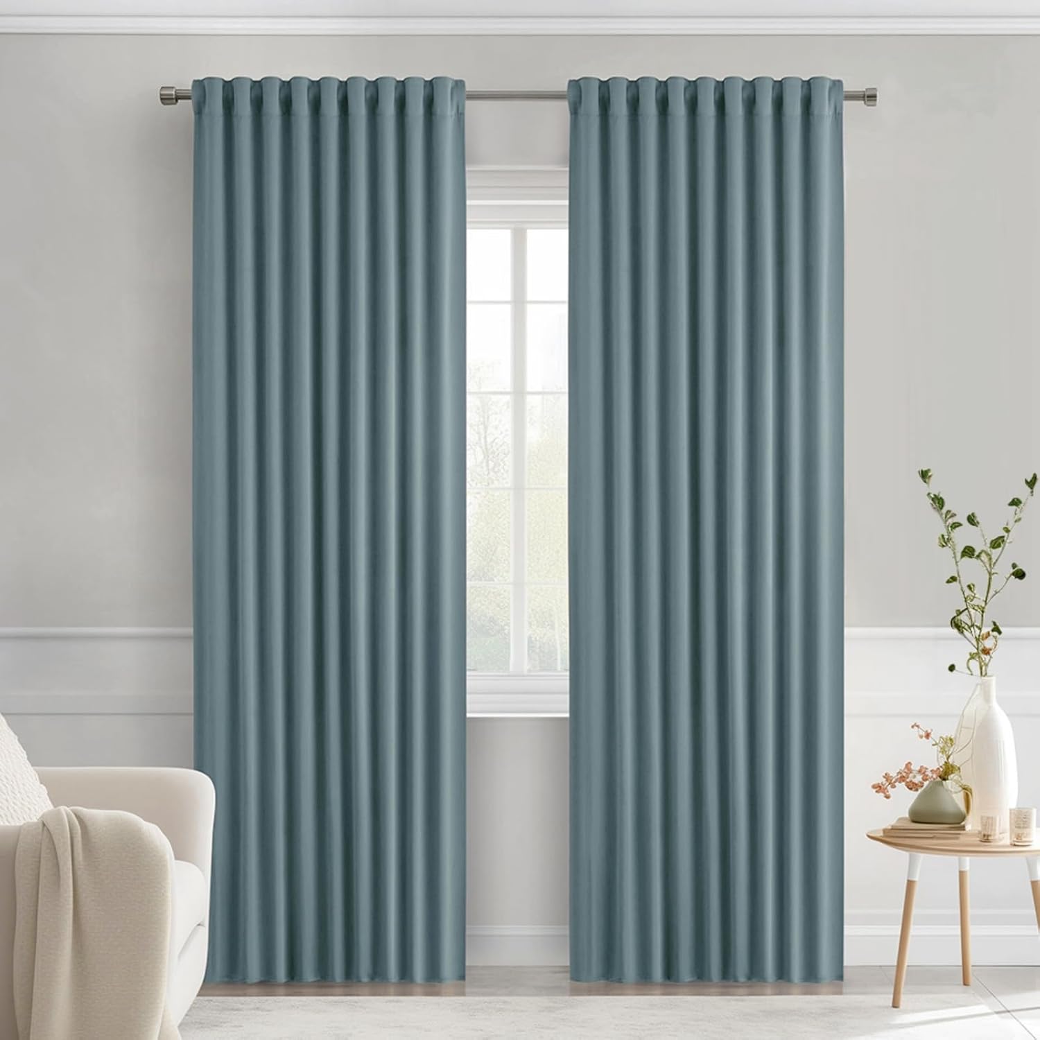 MIULEE Greyish Blue Back Tab Blackout Curtains 52x72 Inches Long 2 Panels