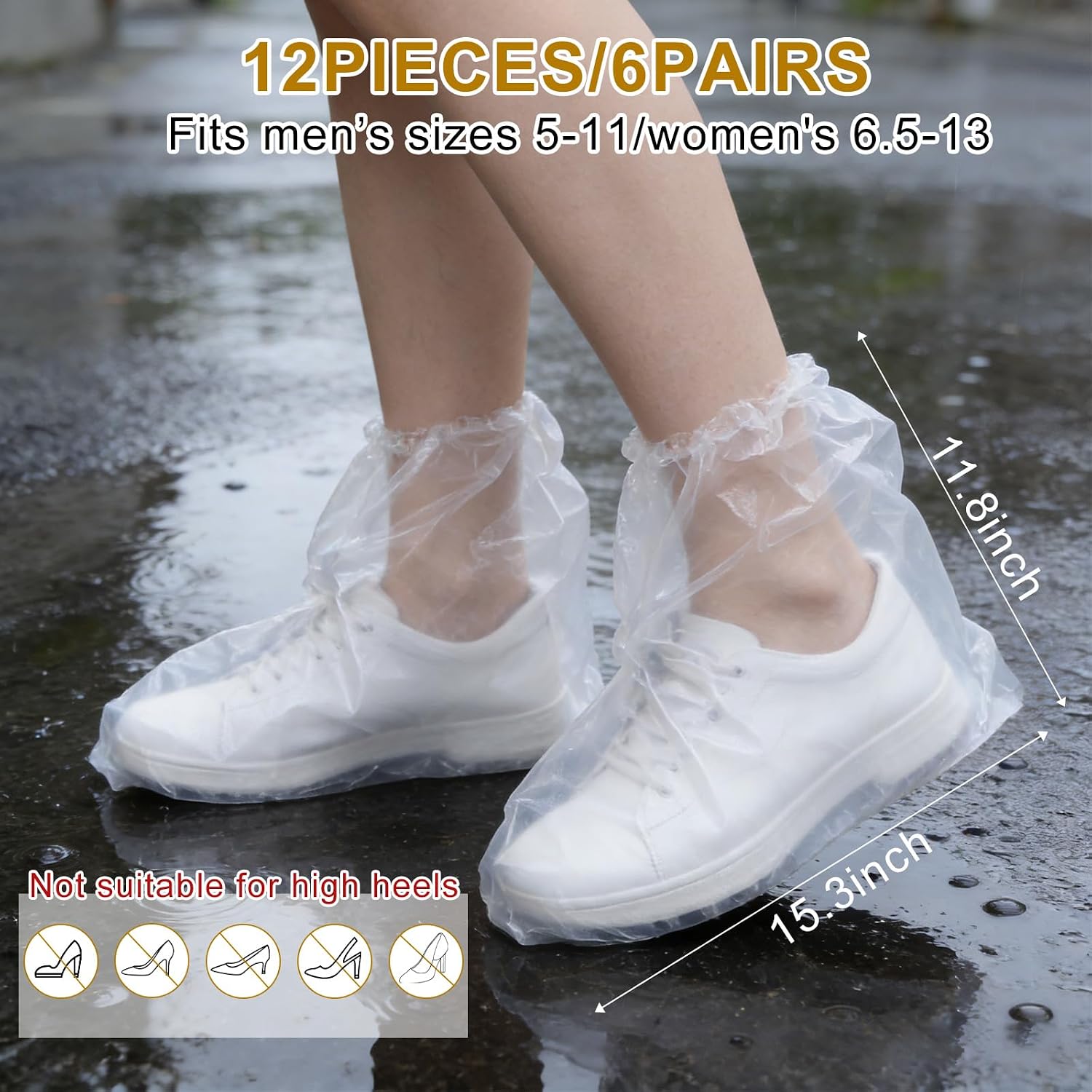 12 Pcs Waterproof Shoe Covers for Rain, Non-Slip Disposable Rain Shoe Covers, Plastic Shoe Ponchos, Thickened PE Material Boot Covers for Men and Women (Clear)
