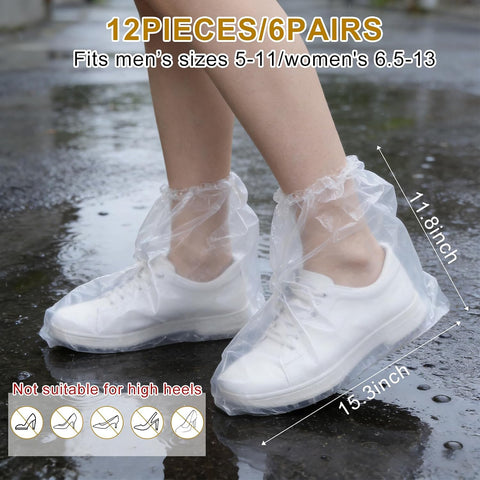12 Pcs Waterproof Shoe Covers for Rain, Non-Slip Disposable Rain Shoe Covers, Plastic Shoe Ponchos, Thickened PE Material Boot Covers for Men and Women (Clear)