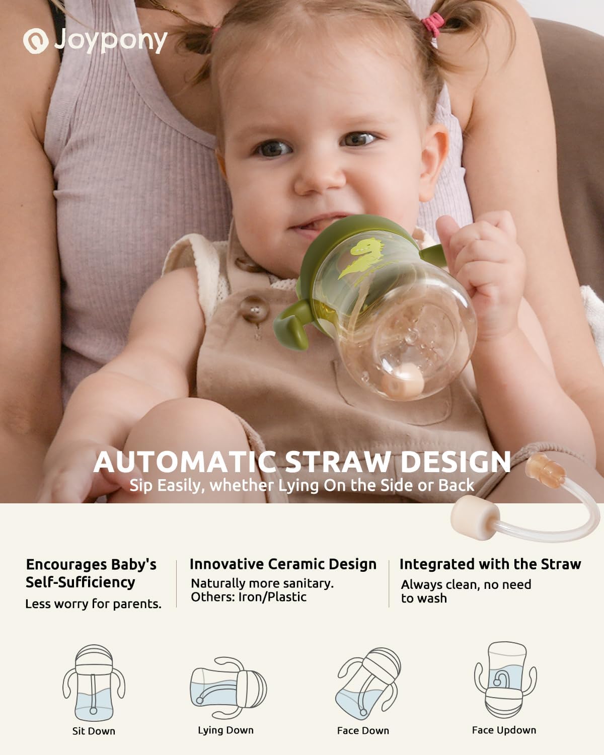 Joypony Sippy Straw Cups for Toddlers 1-3, Spill-Proof Baby Cups, 9oz Green