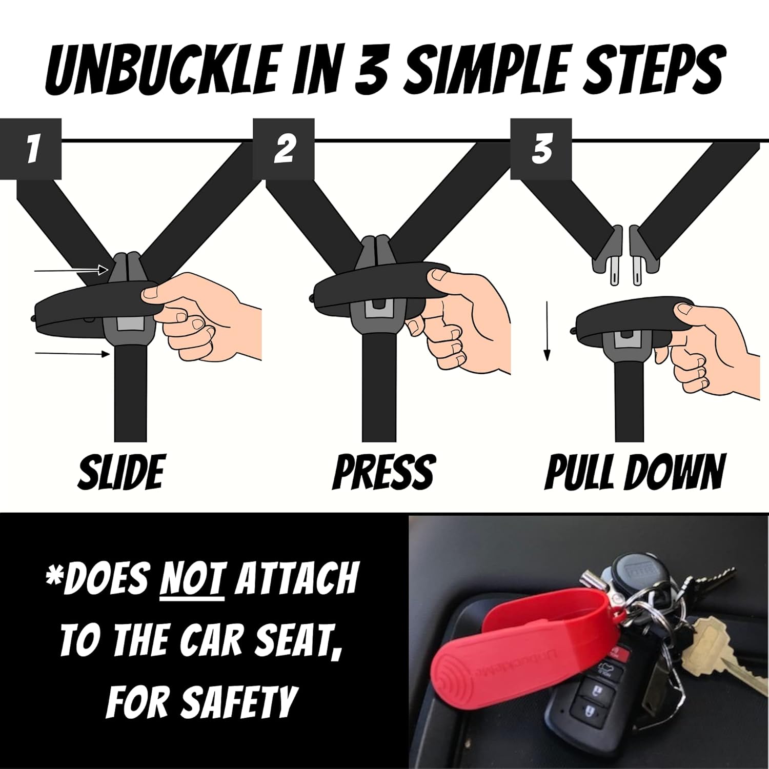 UnbuckleMe Car Seat Buckle Release Tool - Easy Opener Aid for Arthritis, Long Nails, Older Kids - Button Pusher for Infant, Toddler, Convertible 5 pt Harness car Seats - As Seen on Shark Tank (Black)