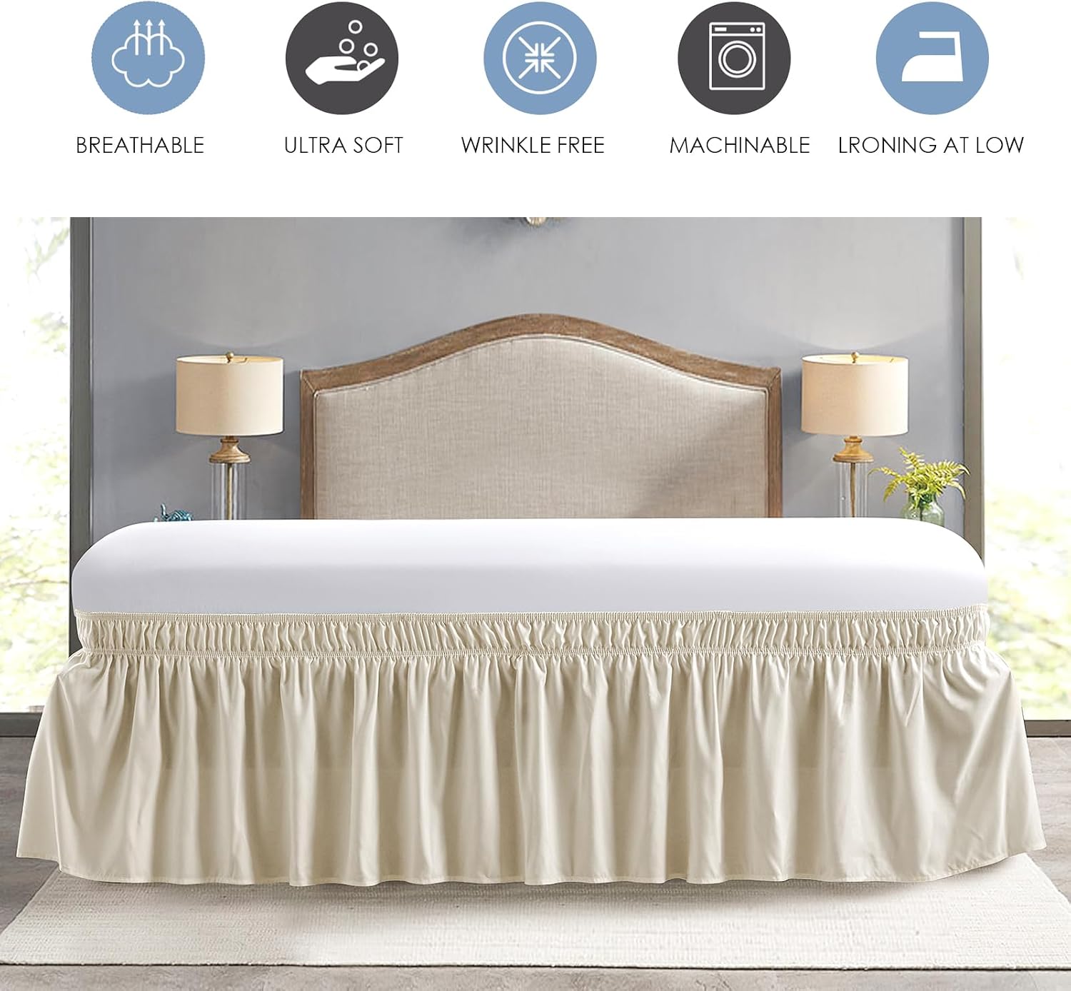 FreshCulture Twin Bed Skirt, Elastic Wrap Around Bed Skirt Twin Size, Bed Skirts for Adjustable Bed, Easy Fit with 22 Inch Drop Length, Hotel Quality Dust Ruffle for Twin Bed (Cream)