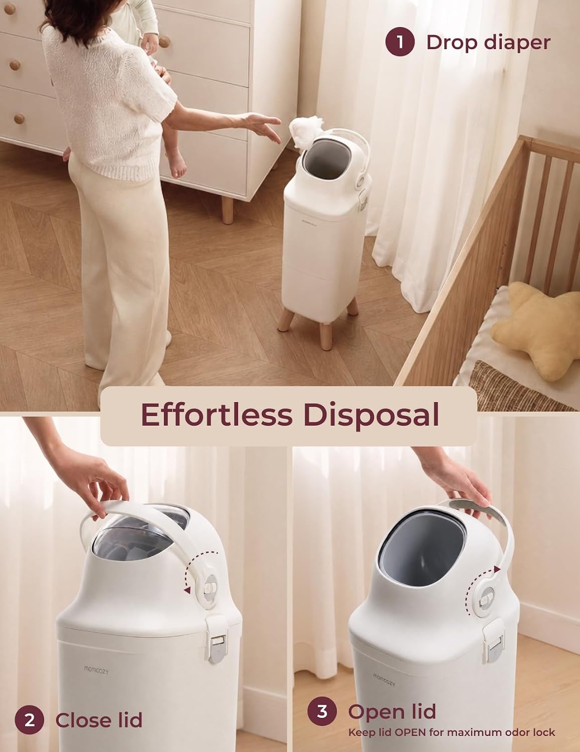Momcozy Diaper Pail, Triple-Seal Odor Control, Fits Standard Trash Bags