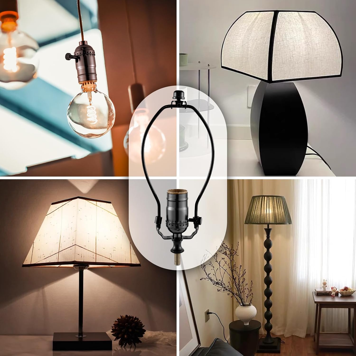 Lamp Making Kit,Make a Lamp or Repair Kit, 3-Way Lamp Socket with Matching Cord and Harp Set, Wiring Kit for Table Floor Lamp,Essential Hardware for DIY Light Design or Repair (Black, 2)