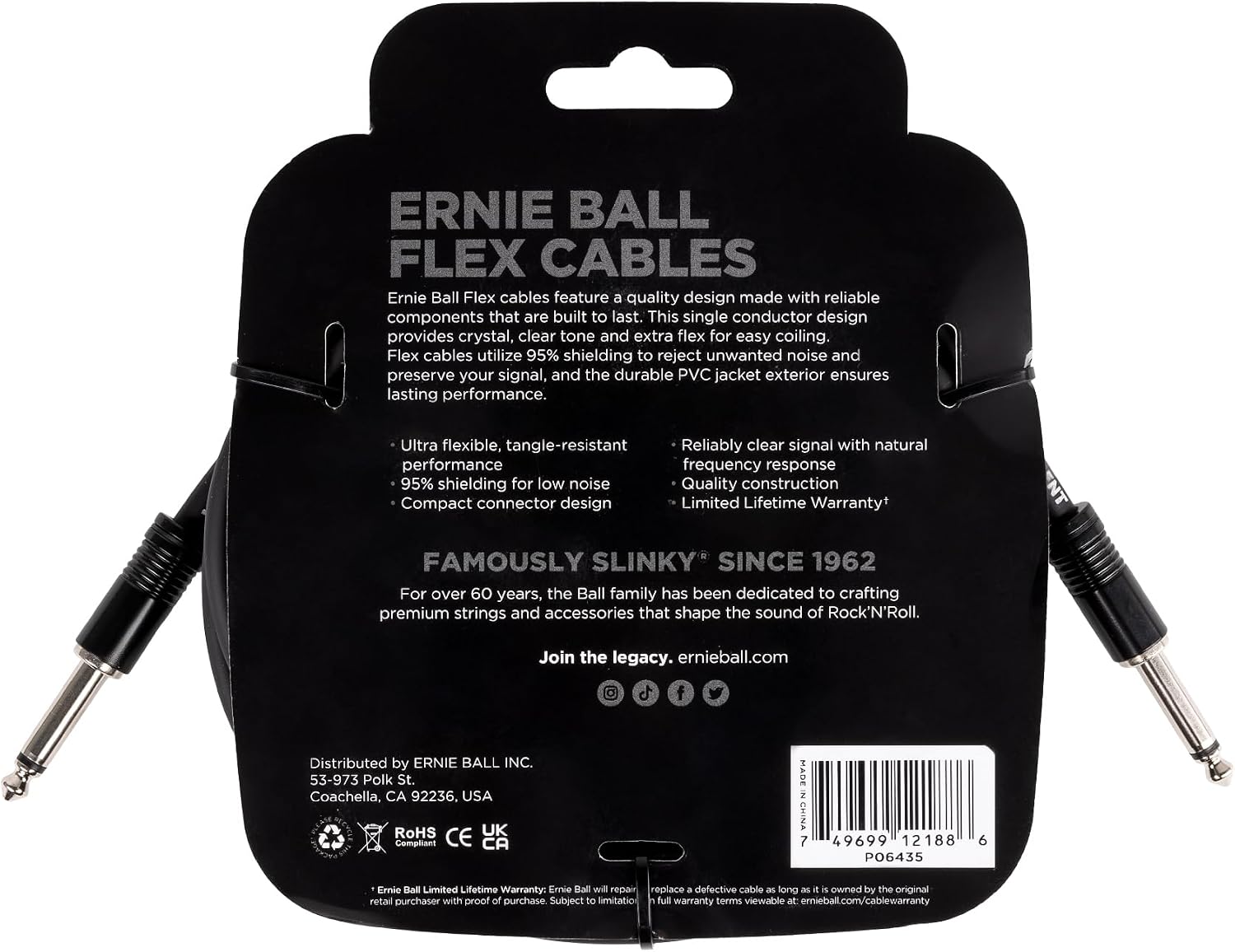 Ernie Ball Flex Instrument Cable Straight/Straight 20ft - Black (P06435)