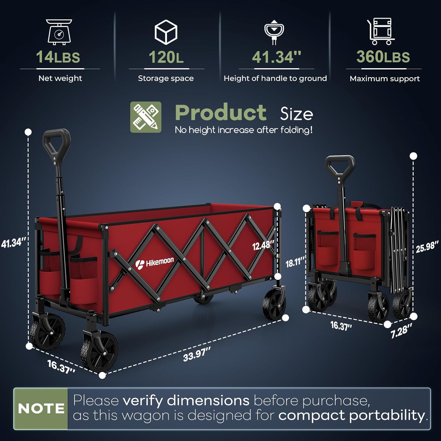HIKEMOON 34'' Extra Long Folding Portable Wagon Cart, 120L 360LBS Red