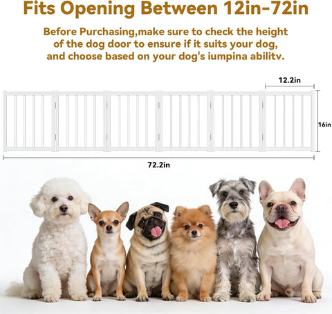 Snuowu 16" Freestanding Short Dog Gate for Small Dogs – Foldable & Retractable, Expands Up to 72" Wide, 6-Panel Pet Barrier for Doorways, Stairs & Hallways (White)