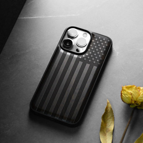 Carveit Wood Case for iPhone 15 Pro Max, The Classic American Flag, Black